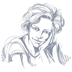 Portrait of delicate dreamy good-looking woman, black and white