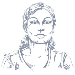 Vector portrait of scared woman, illustration of amazed