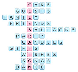 Crossword for the word Celebration and related words: Cake, Guests, Family, Friends, Balloons, Party, Candles, Gifts, Wishes, Songs, Dance (vector illustration)