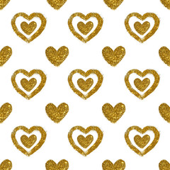 Background with hearts of golden glitter, seamless pattern