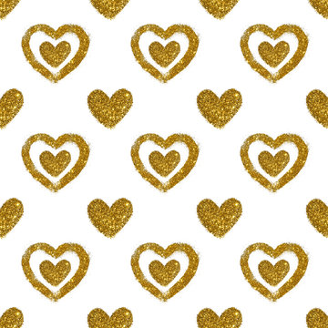 Background with hearts of golden glitter, seamless pattern
