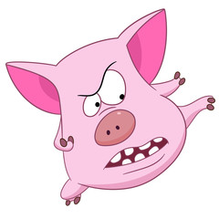 cute funny sportive and soldierly cartoon pig (piggy, hog, sow) is practicing dangerous karate or kung fu fight, isolated on a white background