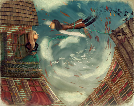 Illustration shows a man in sky.He grows into a bird.A girl stands on a balcony and looks in sky