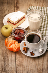 Morning breakfast with hot coffee and joghurt