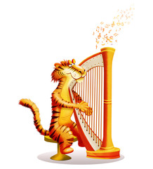 A colourful illustrated cartoon image of  tiger  plays a harp