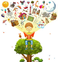 Little boy sitting on the planet and  reading  book, objects flying out