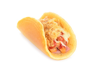 rolled pancakes stuffed ham and cheese on white background