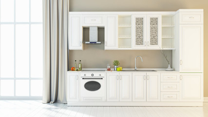 Bright kitchen interior 3D render