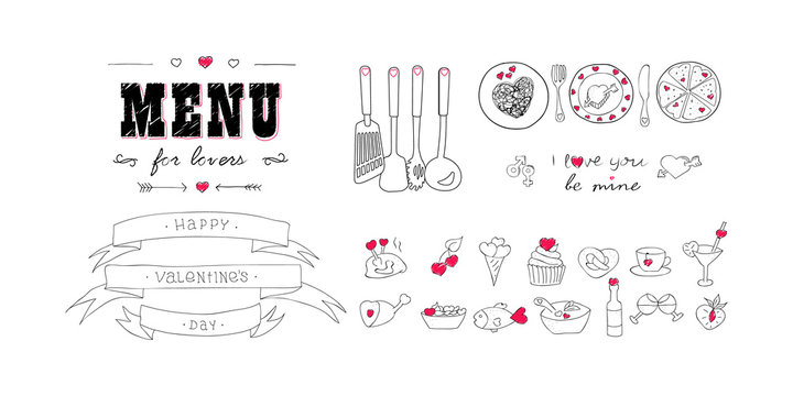 Happy Valentine's day. Menu for lovers. Foods with hearts. Doodle decor elements. Hand drawn. Isolated images.