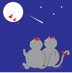 Valentines day card with two funny cats. Cats in love on romantic date, watching full moon. 