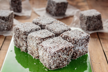 Australian Lamington cake on wooden table