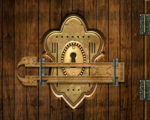 The lock on a wooden texture