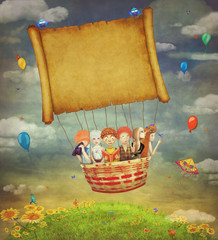 Happy children with a banner in the sky -illustration art