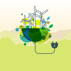 Vector illustration of earth with wind turbines, and wire plug.