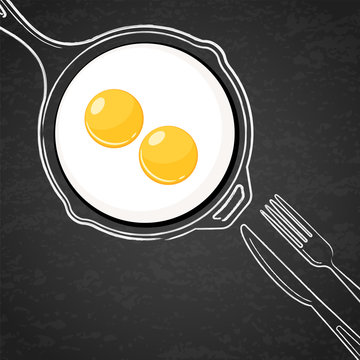 Fried eggs and hand drawn outline watercolor pan, fork and knife