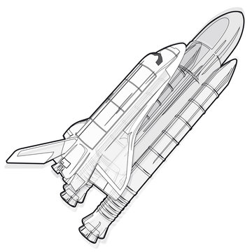 Black and white wire space shuttle on white. Nice american flighting spaceship  - flatten isolated illustration master vector