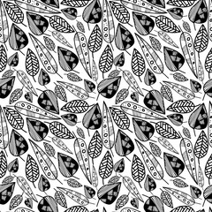 Seamless pattern with black and white graphical leaves. 