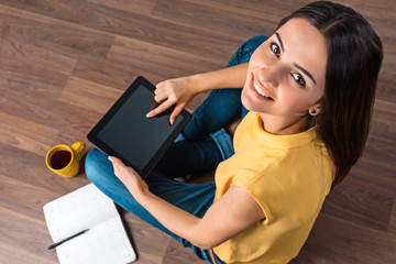 Top view photo of young business woman