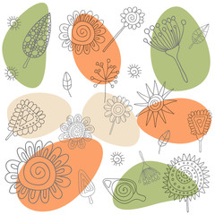 Set with graphical leaves, flowers and plants.