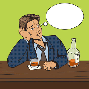 Man with bad mood drinks in bar pop art vector