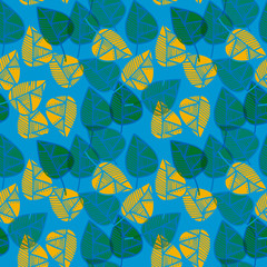 Seamless pattern with yellow and green leaves on blue background.