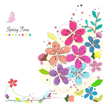 Spring time colorful abstract doodle flowers background vector.