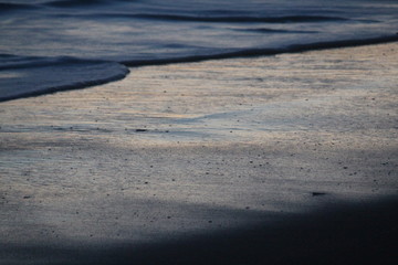 Lapping waves on beach at sunset