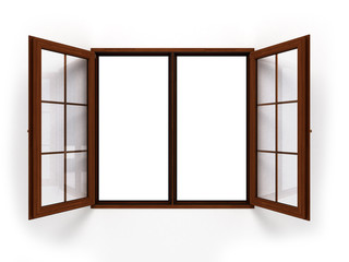 open dark wooden window isolated close up