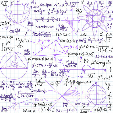 Mathematical vector seamless pattern with figures and formulas, "handwritten on the copybook paper", different colors