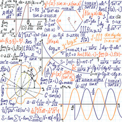 Mathematical vector seamless pattern with formulas, plots and figures, "handwritten on the copybook paper", different colors