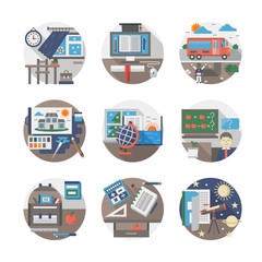 School routine flat color vector icons set