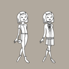 Black & white сute teen girl in two fashion 
outfits. Body template. Vector illustration