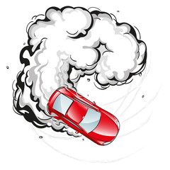 Red car in a skid on the spread smoke at speed leaving the traces of the tread, concept racing motorsport extreme sports, drifting, isolated vector illustration without background © kseniyaart
