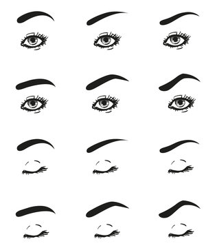 Icons set female eye with long eyelashes and different shape brow line look straight ahead, closed eyelid, black and white to show the make-up design diagrams and instructions, isolated vector objects