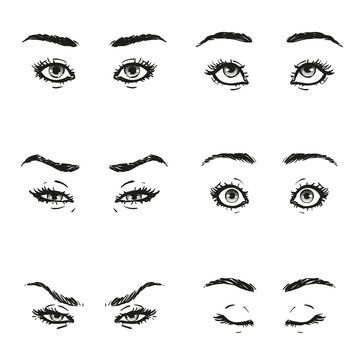 Set female eye with lashes and eyebrows shape and views with different facial expressions and emotions is looking up, fear, anger, contempt, squint, closed eyelids, serenity, surprise, isolated vector