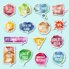 Vector speech bubble, tags, banner set. Colorful shoping business design elements.