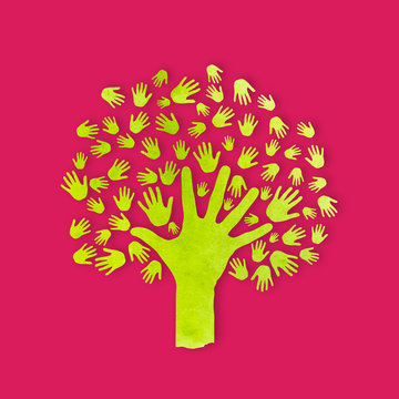 Vector Watercolor Human hands tree. Concept of community, group, friendship, solidarity, network, family.