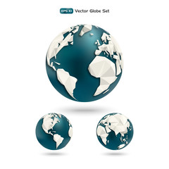 Modern Globe icon set. Planet earth made with triangles in different views of the continents. Polygonal illustration. Vector design elements.