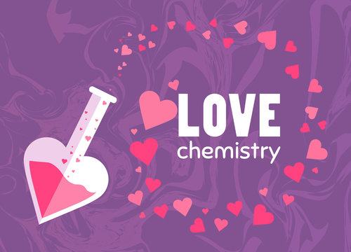 Love chemistry. Set of flying hearts. Test tube with love fluid. Romantic greeting card for Happy Valentines Day design. Love poster design. Unique chinese, turkish, texture.Symbol of love. Cute style