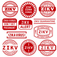 Red and white Zika Virus stamps.