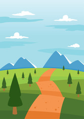 Natural field and mountains landscape background, vector illustration