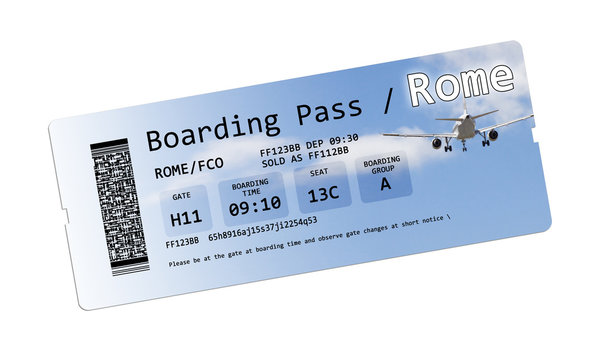 Airline boarding pass tickets to Rome isolated on white
