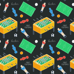 Table football sketch. Seamless pattern with hand-drawn cartoon icons - old-fashioned foosball player ,ball, field, figurine. Vector illustration - swatch inside