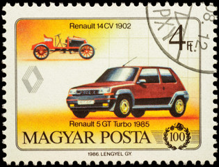 Cars Renault 14CV (1902) and Renault 5GT Turbo (1985) on postage