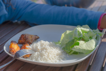 Aerial view healthy low fat meal with salad rice guacamole