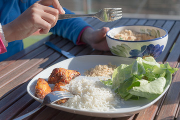 Aerial view healthy low fat meal with salad rice guacamole