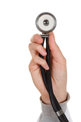 Hand of Doctor with stethoscope isolated on white background