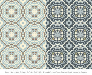 Retro Seamless Pattern 2 Color Set_253 Round Curve Cross Frame Kaleidoscope Flower