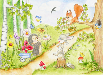 Hedgehog, bunny and squirrel in the woods