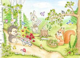 Hedgehog, bunny and squirrel in the woods - 102377589